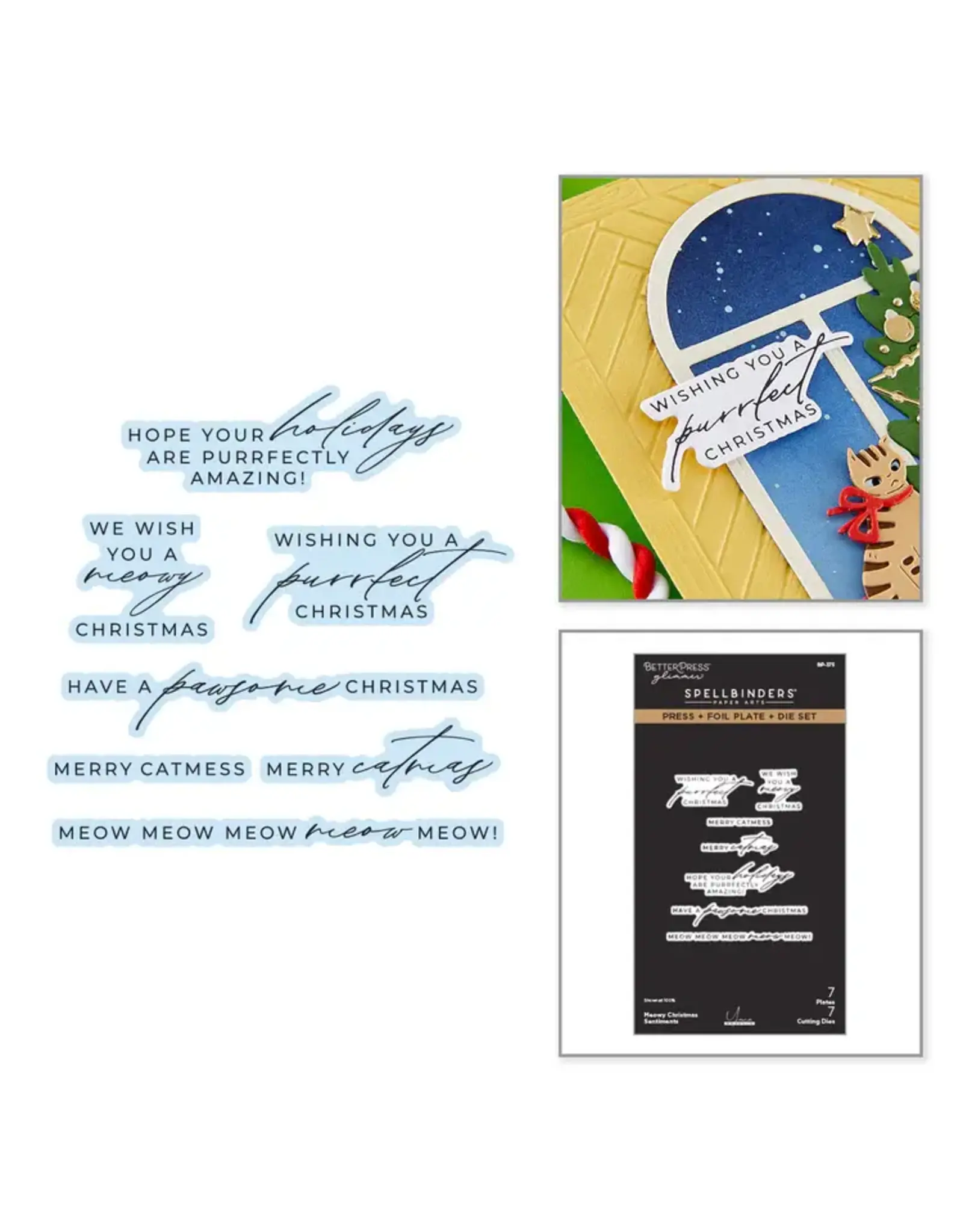 SPELLBINDERS SPELLBINDERS BETTERPRESS YANA SMAKULA MEOWY CHRISTMAS SENTIMENTS PRESS & FOIL PLATE & DIE SET