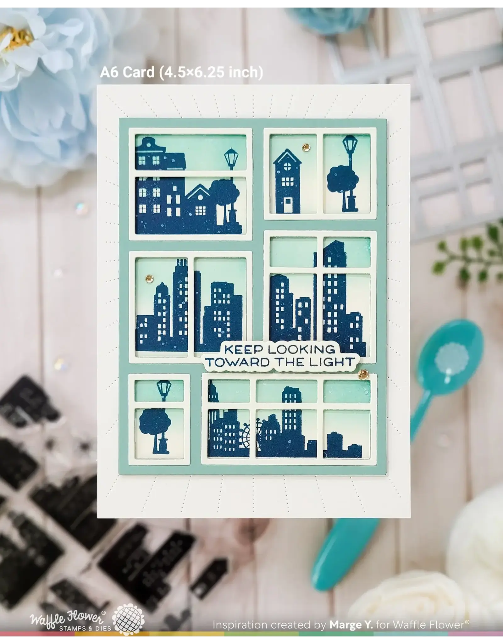 WAFFLE FLOWER WAFFLE FLOWER POSTAGE COLLAGE CITY SUNSET CLEAR STAMP SET
