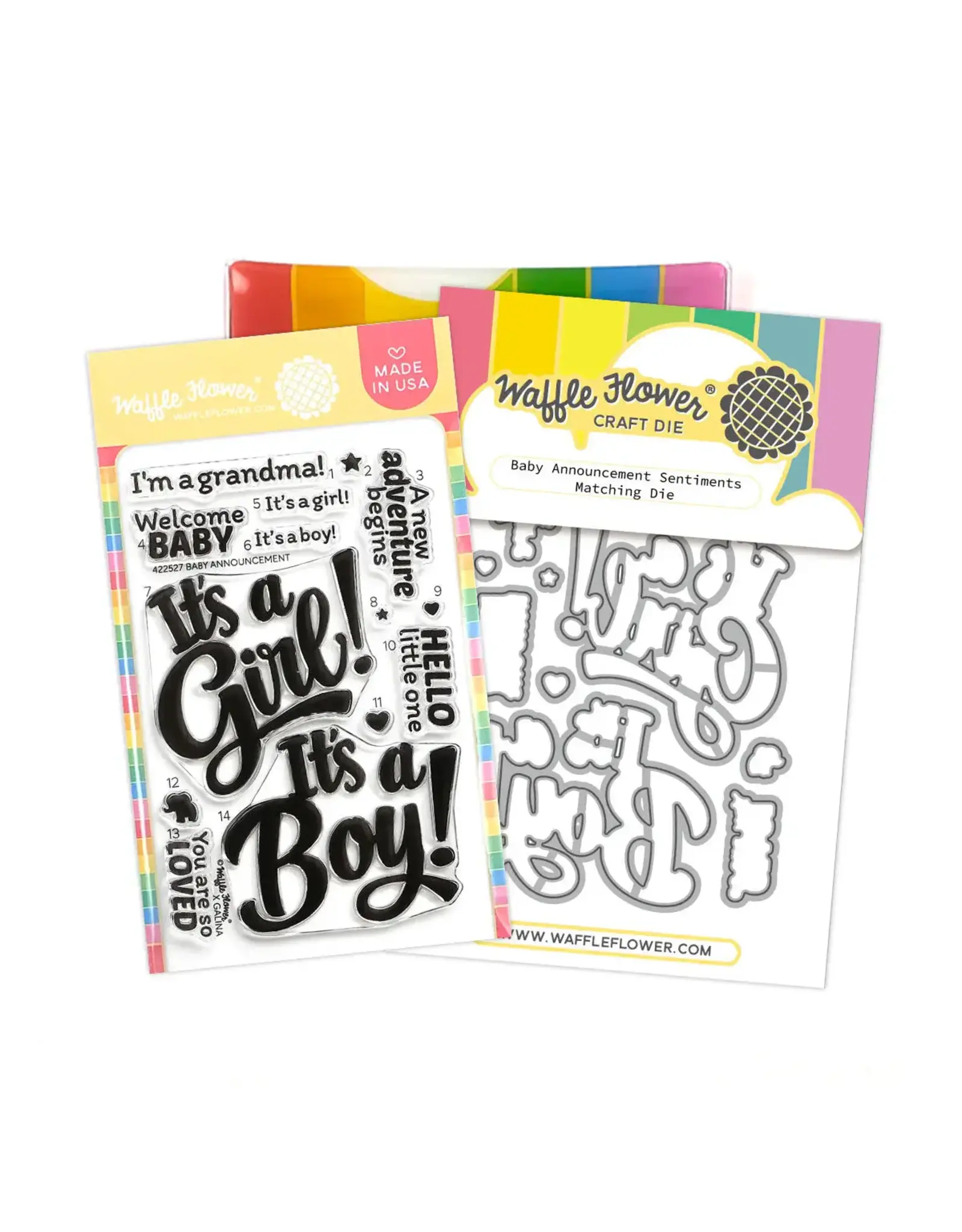 WAFFLE FLOWER WAFFLE FLOWER BABY ANNOUNCEMENT SENTIMENTS CLEAR STAMP SET AND DIE COMBO