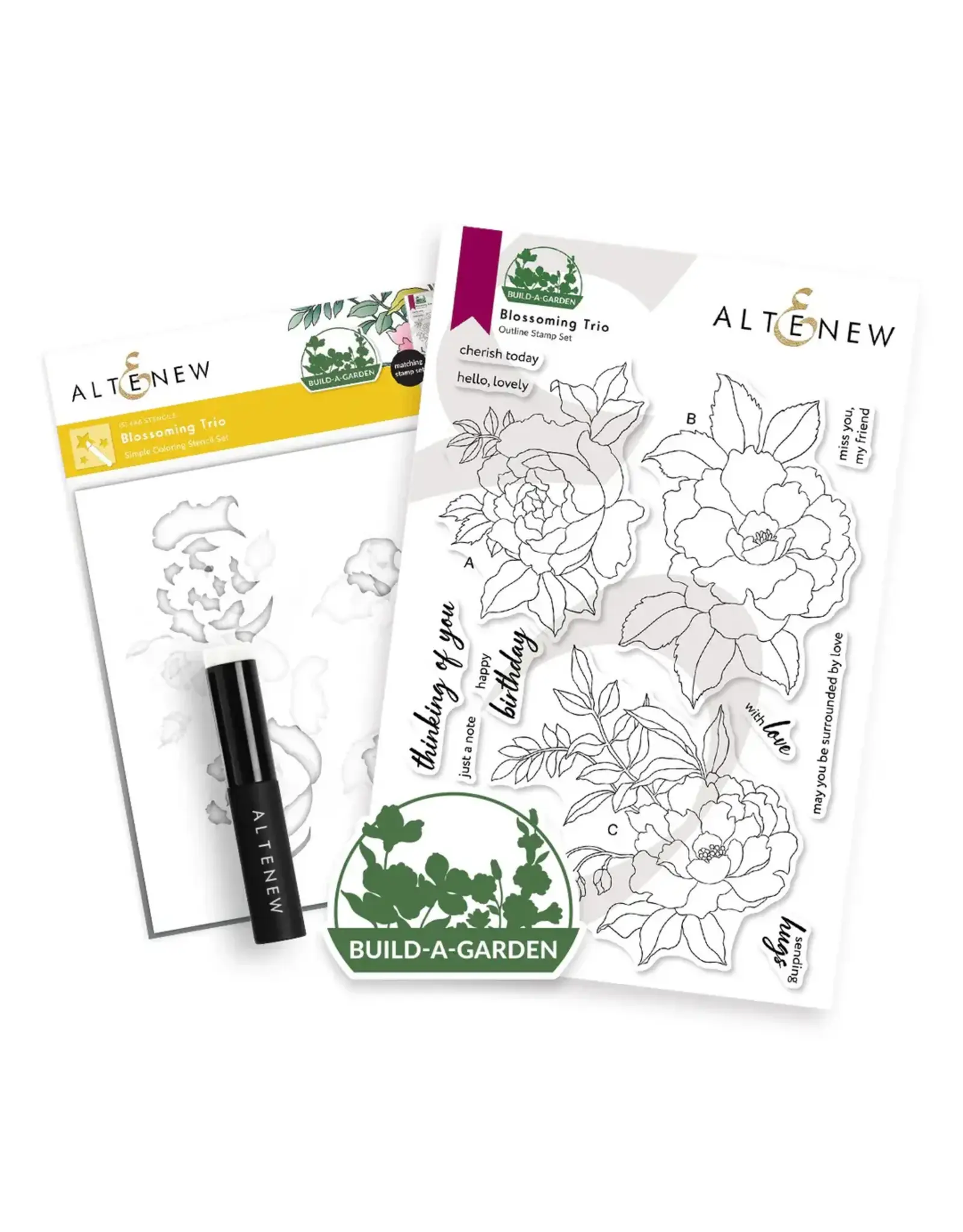 ALTENEW ALTENEW BUILD-A-GARDEN: BLOSSOMING TRIO CLEAR STAMP, STENCIL SET AND BLENDING BRUSH