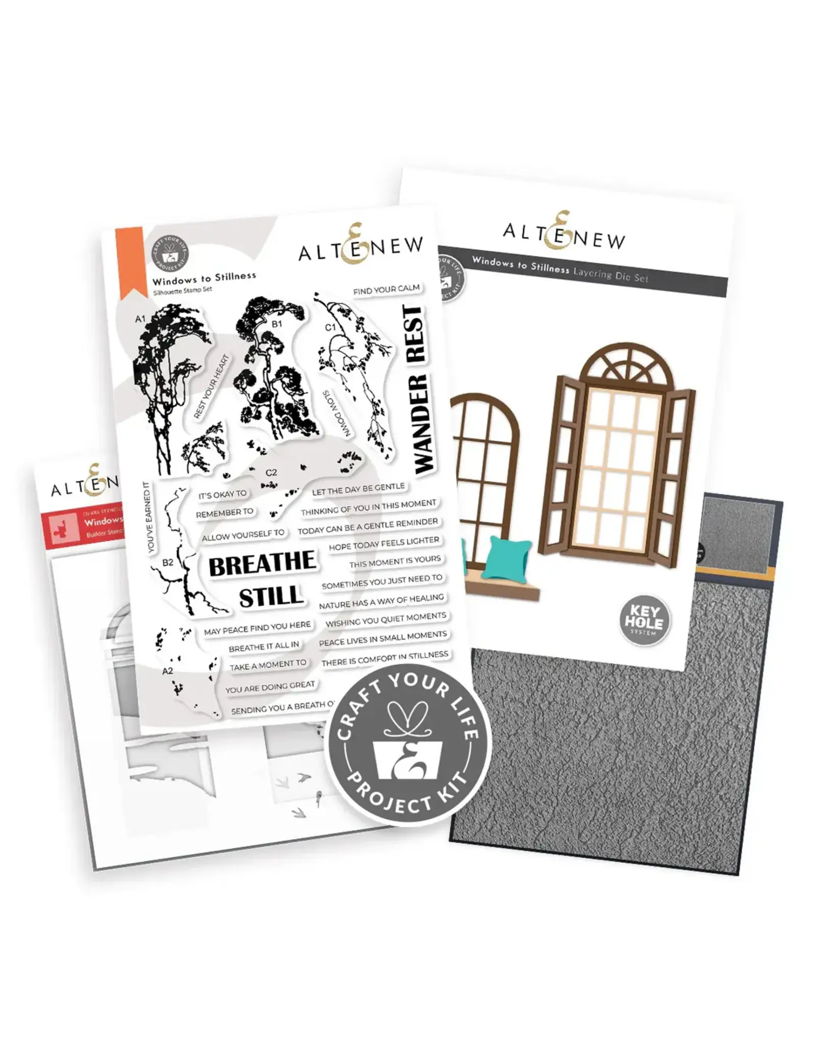 ALTENEW ALTENEW CRAFT YOUR LIFE PROJECT KIT: WINDOWS TO STILLNESS CLEAR STAMP, STENCIL SET, 3D EMBOSSING FOLDER AND DIE SET BUNDLE