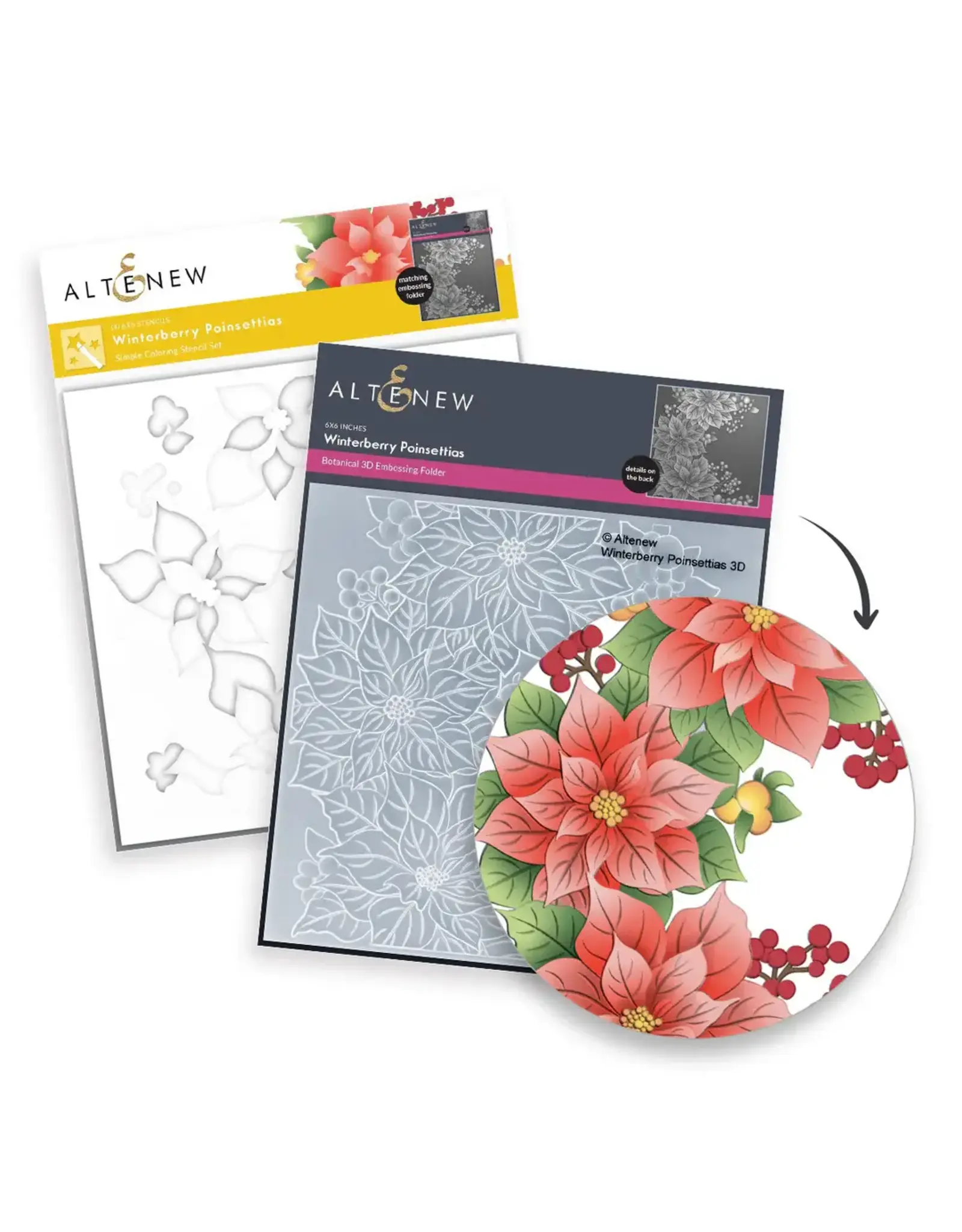 ALTENEW ALTENEW WINTERBERRY POINSETTIAS 3D EMBOSSING FOLDER AND STENCIL SET BUNDLE