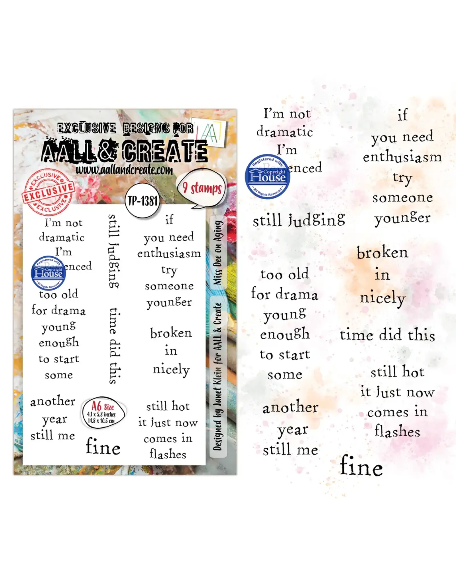 AALL & CREATE AALL & CREATE JANET KLEIN #1381 MISS DEE ON AGING A6 CLEAR STAMP SET