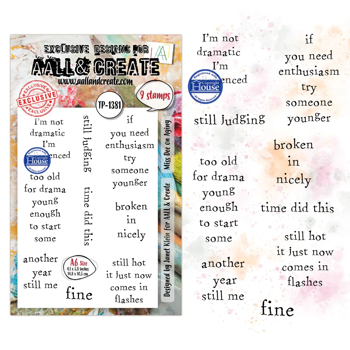 AALL & CREATE AALL & CREATE JANET KLEIN #1381 MISS DEE ON AGING A6 CLEAR STAMP SET