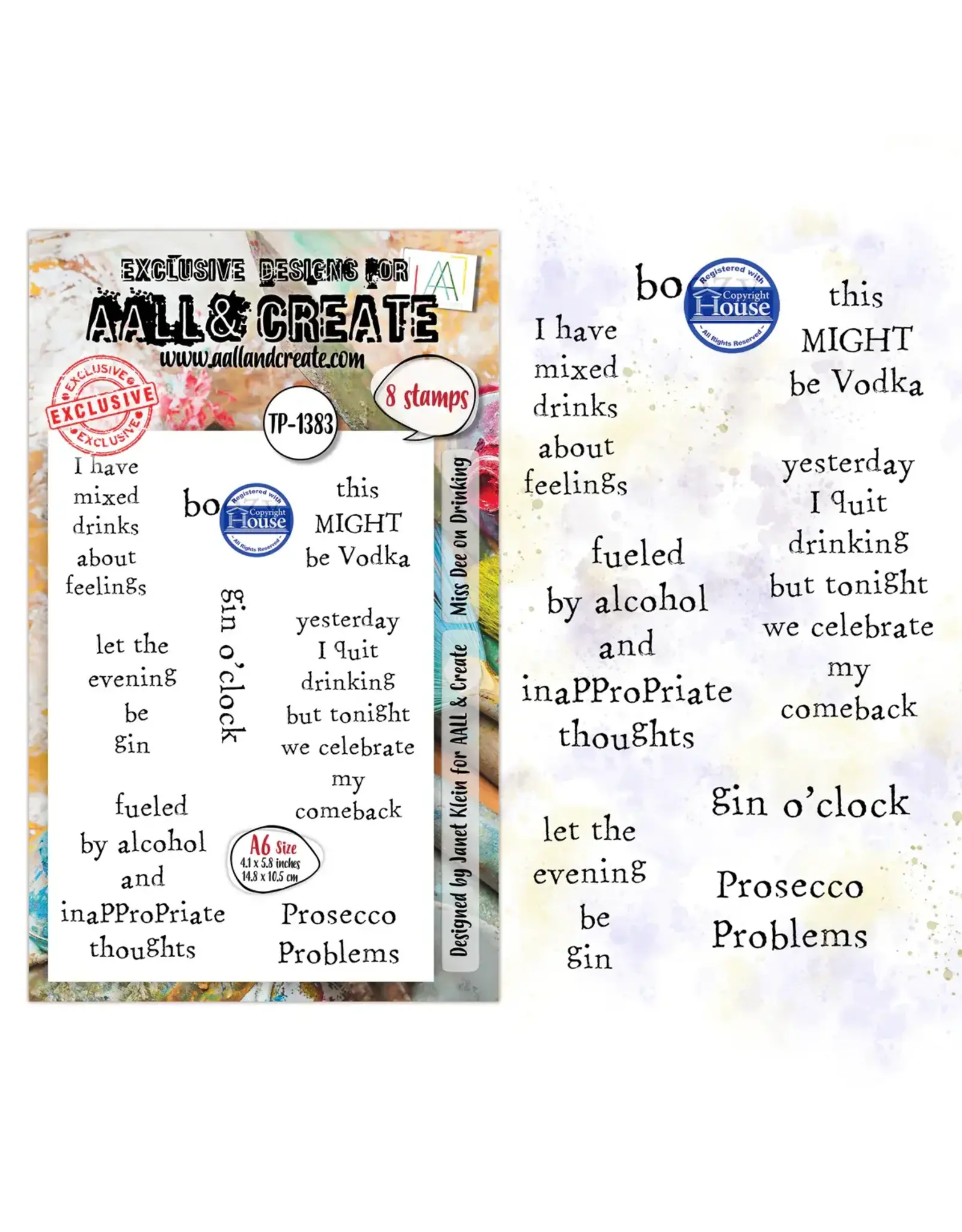 AALL & CREATE AALL & CREATE JANET KLEIN #1383 MISS DEE ON DRINKING A6 CLEAR STAMP SET