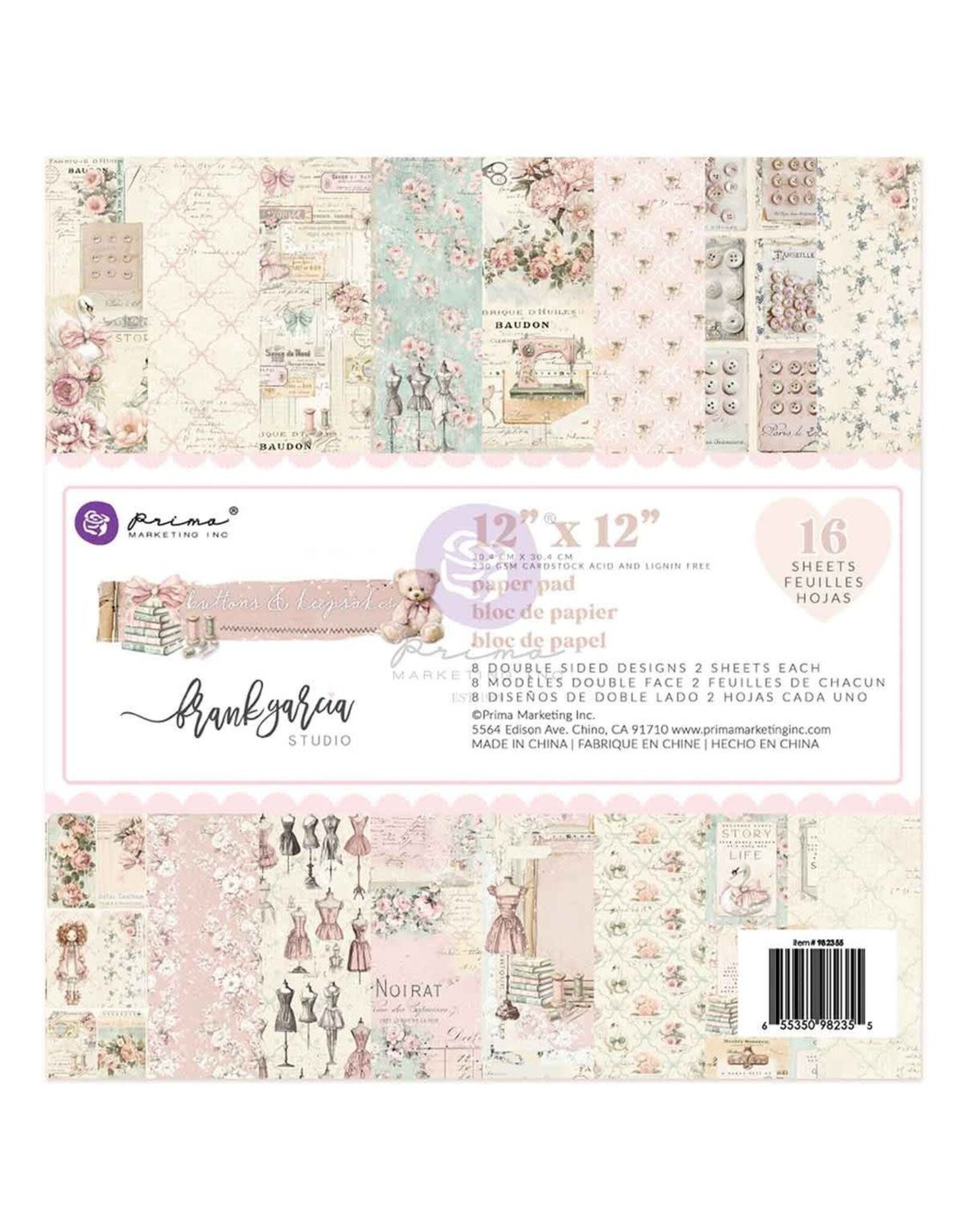 PRIMA PRIMA BUTTONS & KEEPSAKES 12x12 PAPER PAD 16 SHEETS