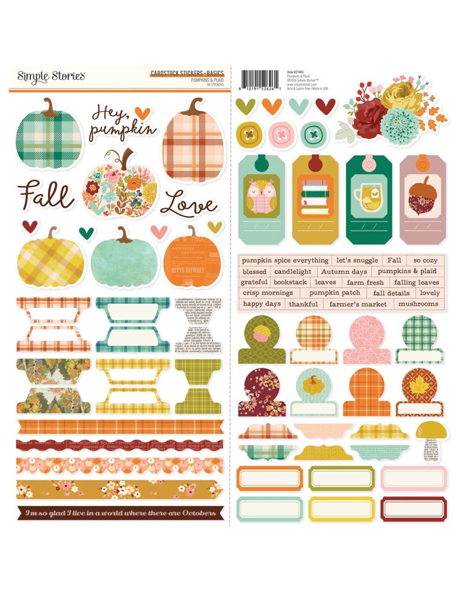 SIMPLE STORIES SIMPLE STORIES PUMPKINS & PLAID 12x12 CARDSTOCK STICKERS