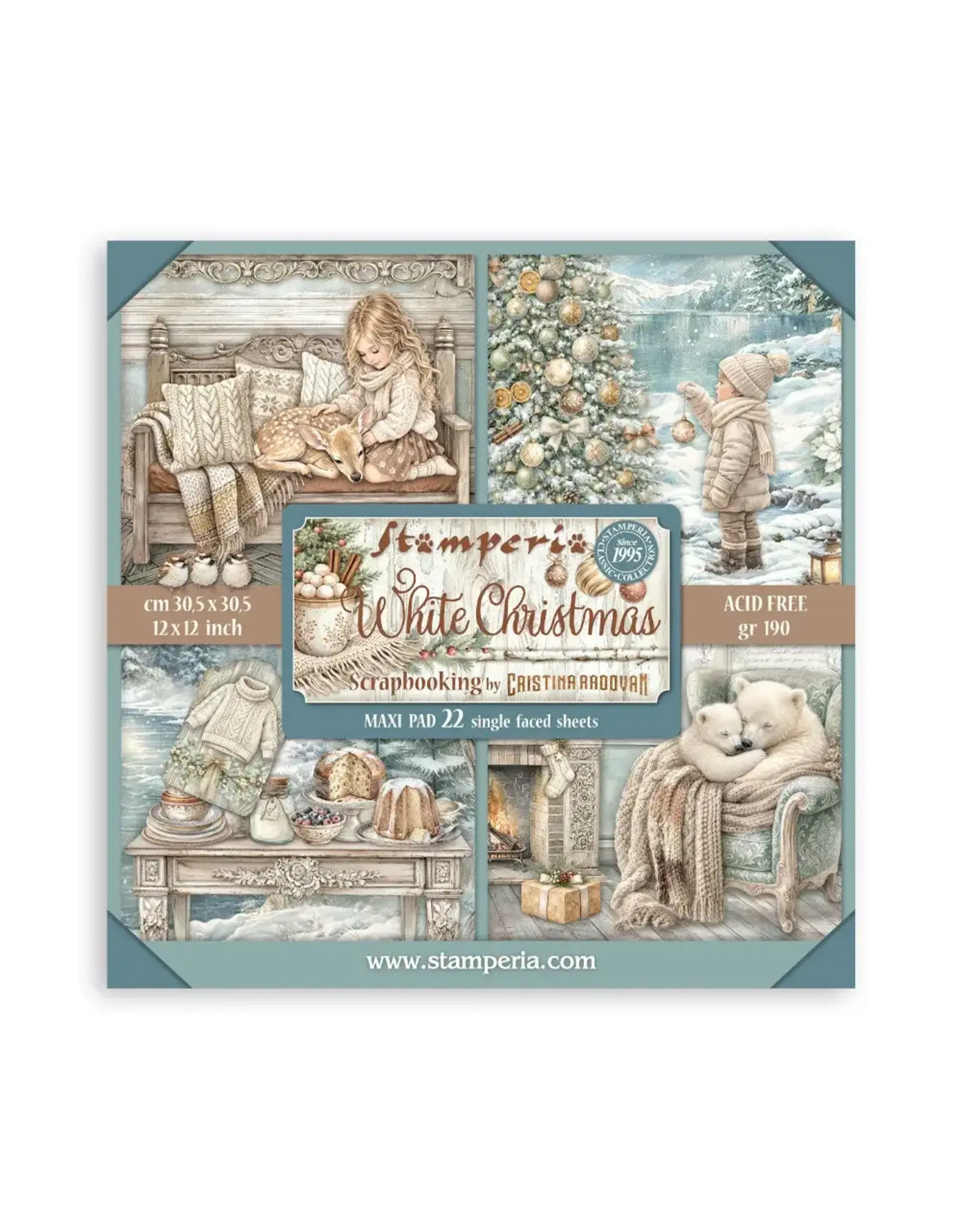 STAMPERIA STAMPERIA WHITE CHRISTMAS MAXI PAD 12x12 PAPER PACK 22 SHEETS