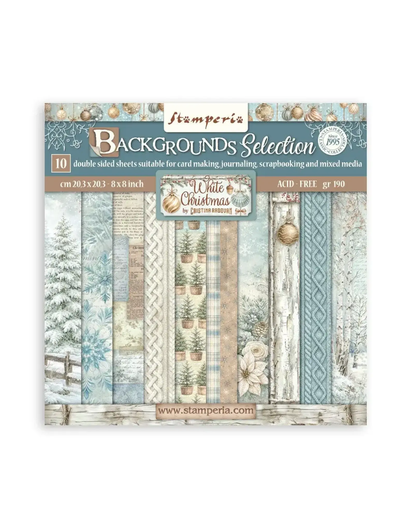 STAMPERIA STAMPERIA WHITE CHRISTMAS BACKGROUNDS SELECTION 8x8 PAPER PACK 10 SHEETS