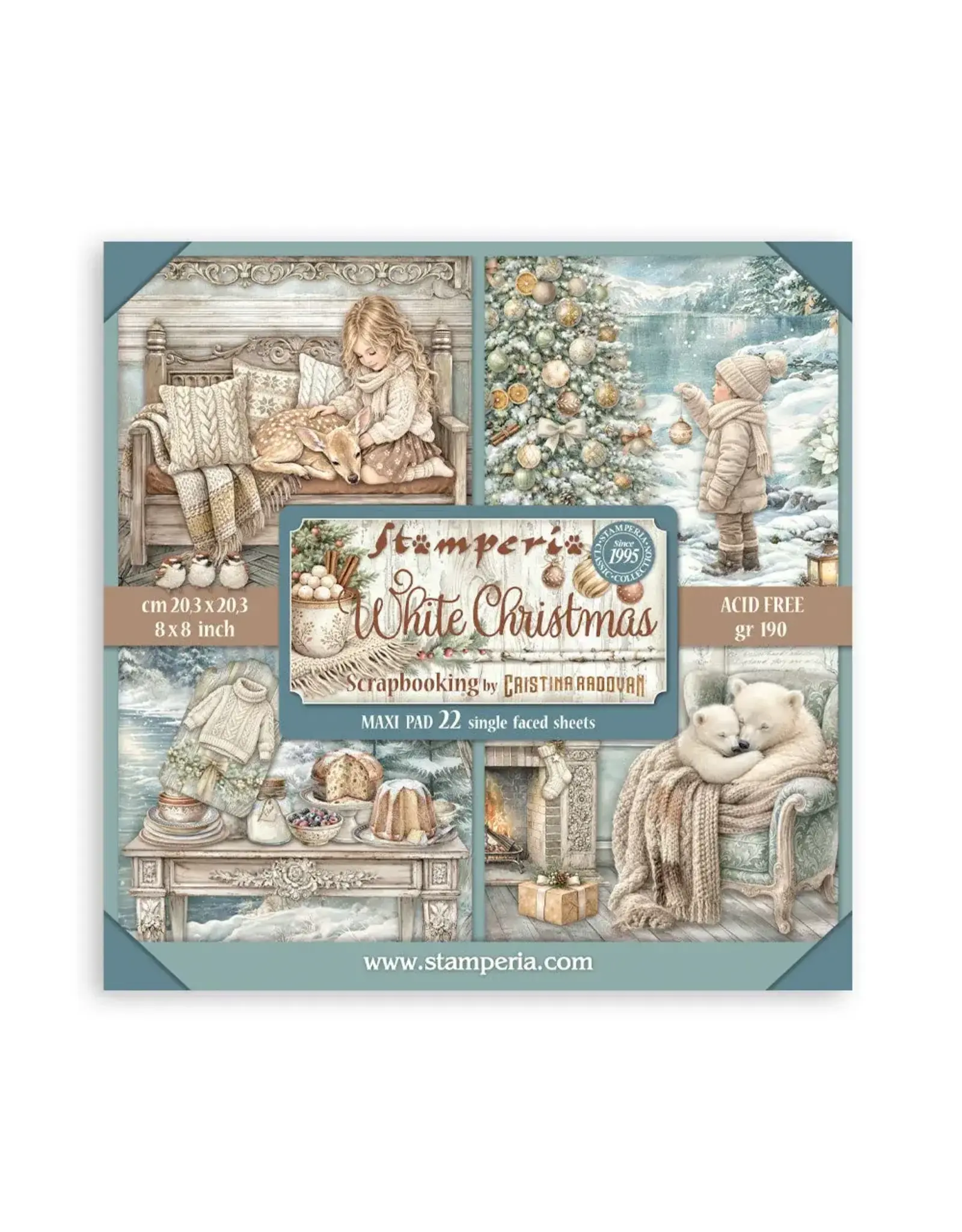 STAMPERIA STAMPERIA WHITE CHRISTMAS MAXI PAD 8x8 PAPER PACK 22 SINGLE FACED SHEETS