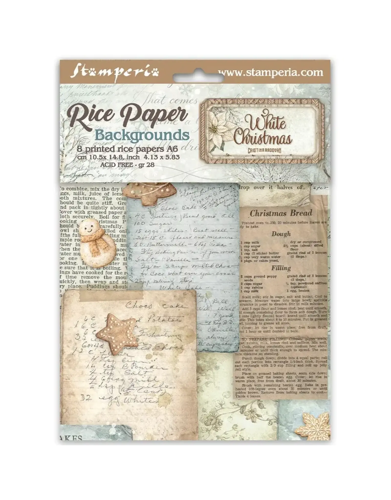 STAMPERIA STAMPERIA WHITE CHRISTMAS ASSORTED A6 RICE PAPER DECOUPAGE BACKGROUNDS 10.5X14.8CM 8/PK