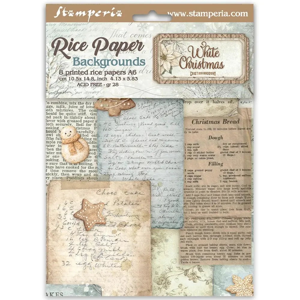 STAMPERIA STAMPERIA WHITE CHRISTMAS ASSORTED A6 RICE PAPER DECOUPAGE BACKGROUNDS 10.5X14.8CM 8/PK