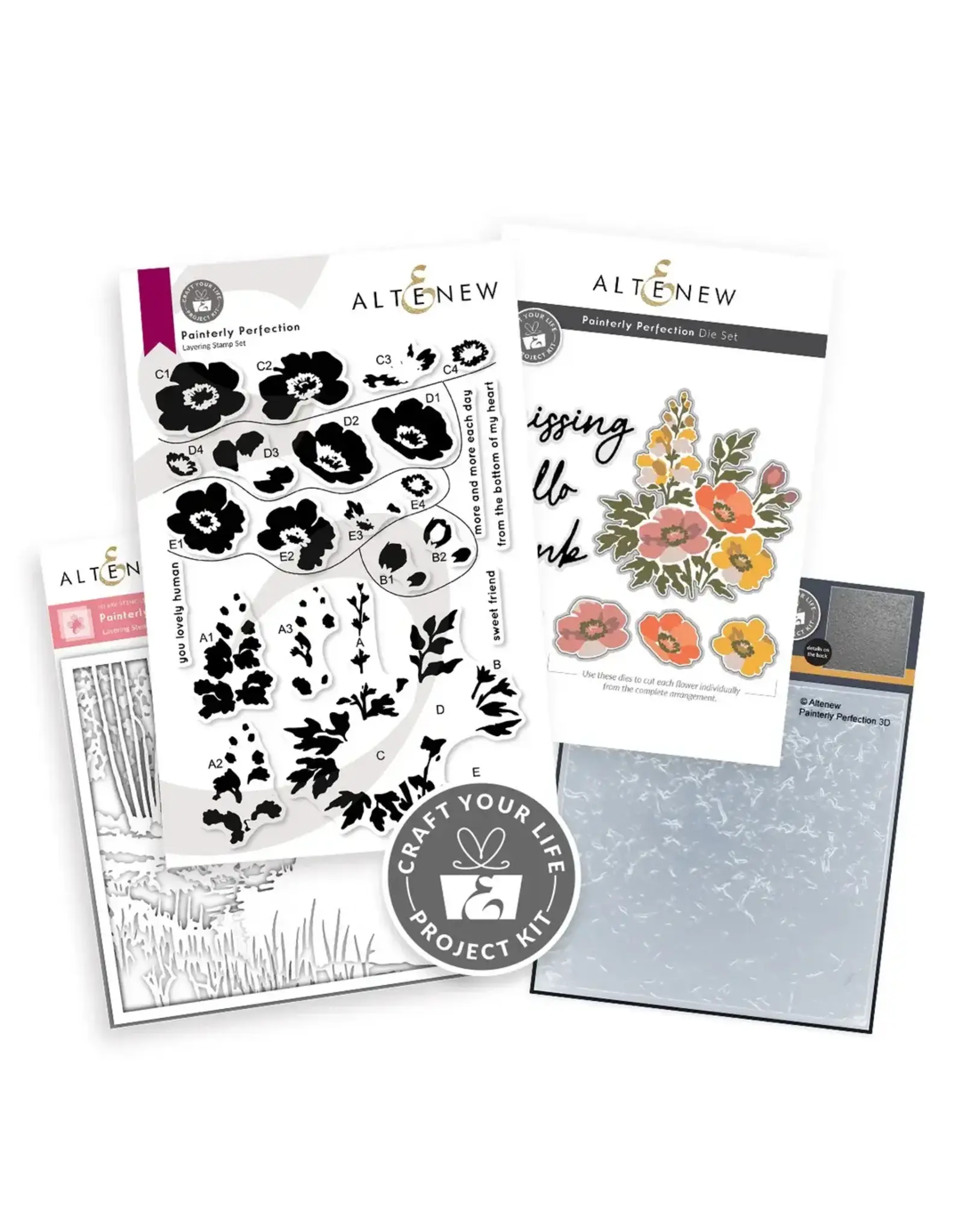 ALTENEW ALTENEW CRAFT YOUR LIFE PROJECT KIT: PAINTERLY PERFECTION CLEAR STAMP, STENCIL SET, 3D EMBOSSING FOLDER AND DIE SET BUNDLE