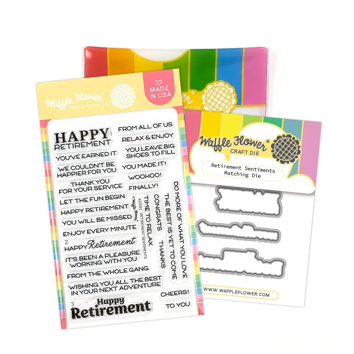WAFFLE FLOWER WAFFLE FLOWER RETIREMENT SENTIMENTS CLEAR STAMP SET AND DIE COMBO
