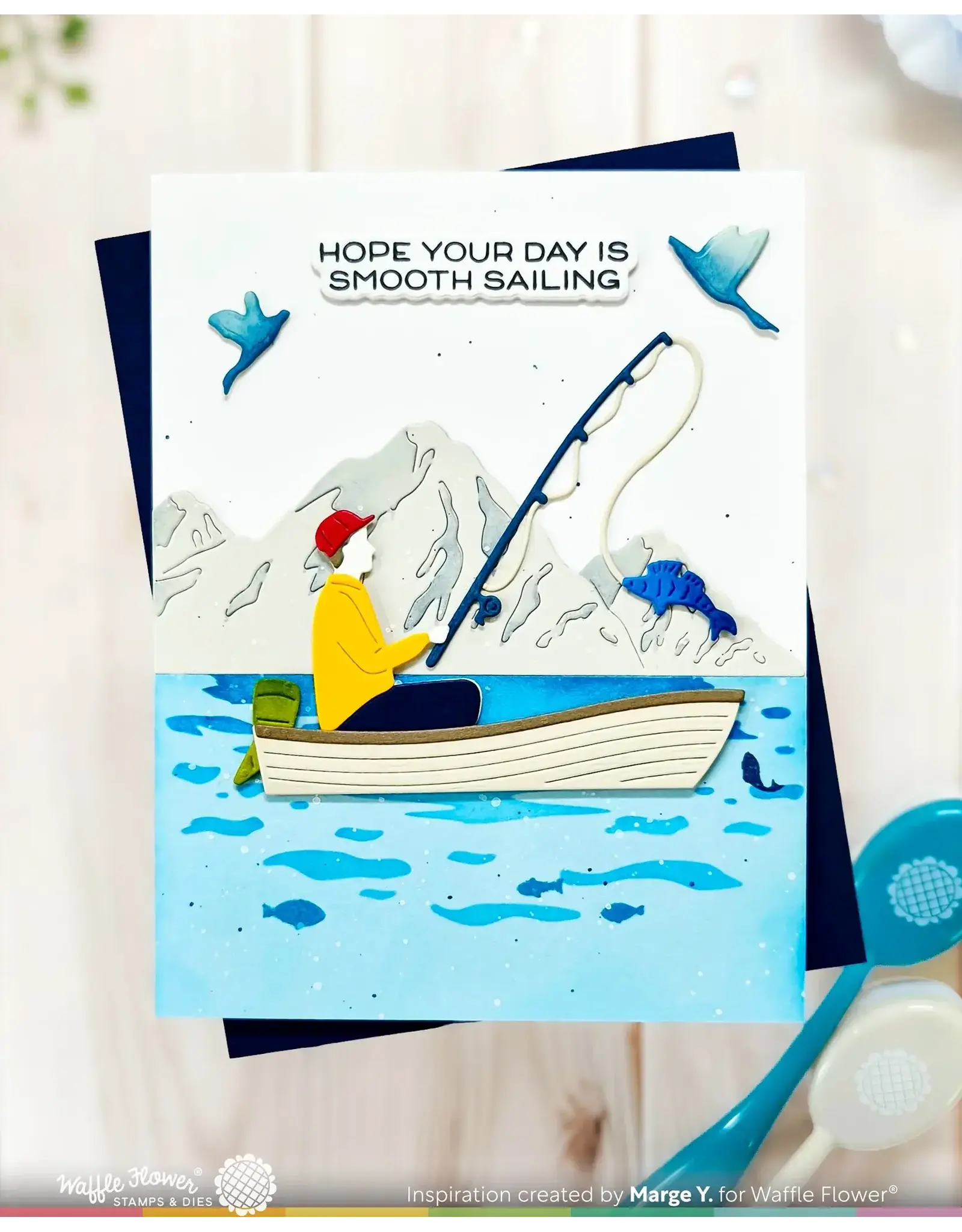 WAFFLE FLOWER WAFFLE FLOWER FISHING PUNS CLEAR STAMP SET AND DIE COMBO