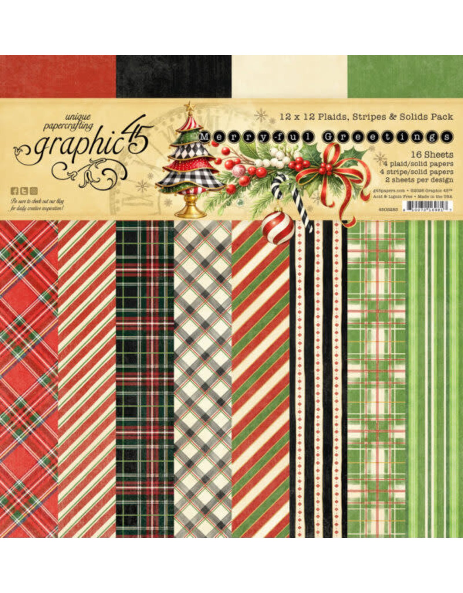 GRAPHIC 45 GRAPHIC 45 MERRY-FUL GREETINGS PATTERNS & SOLIDS 12x12 COLLECTION PACK