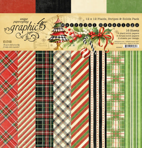 GRAPHIC 45 GRAPHIC 45 MERRY-FUL GREETINGS PATTERNS & SOLIDS 12x12 COLLECTION PACK
