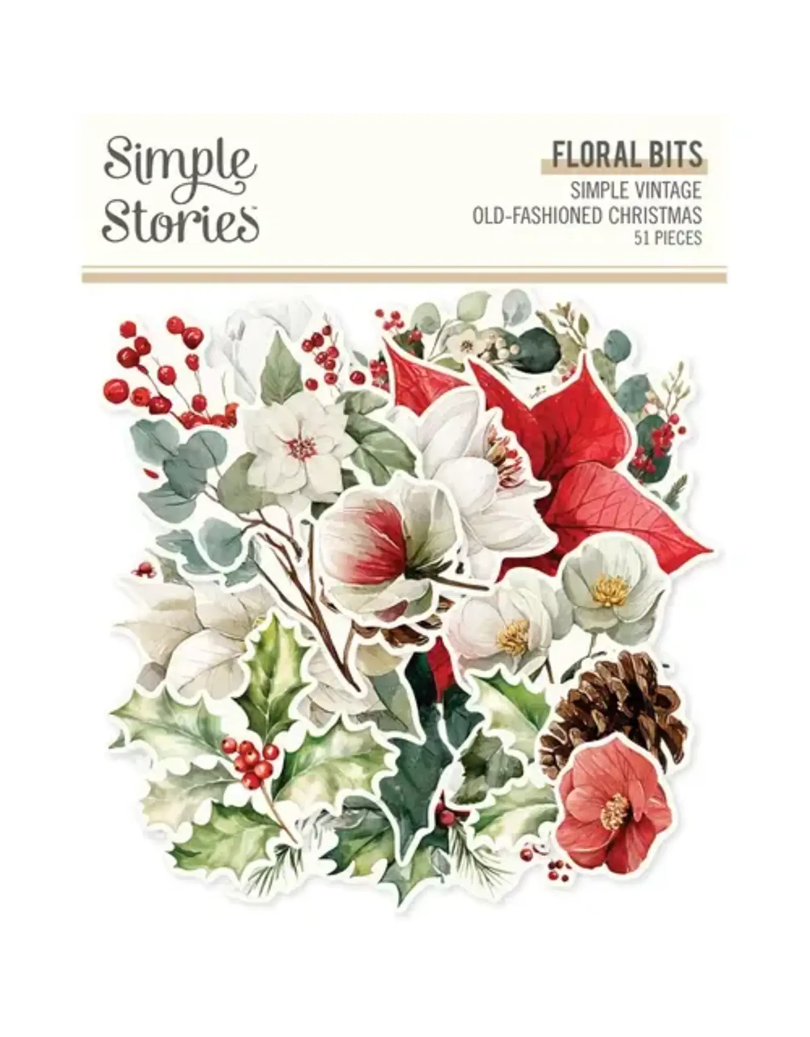 SIMPLE STORIES SIMPLE STORIES SIMPLE VINTAGE OLD-FASHIONED CHRISTMAS FLORAL BITS & PIECES 51/PK