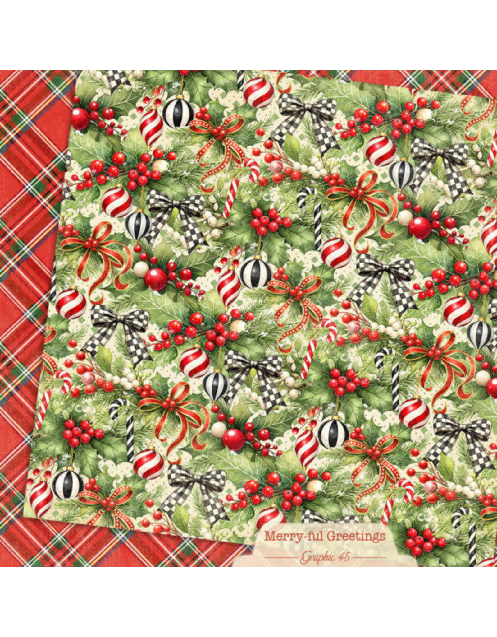 GRAPHIC 45 GRAPHIC 45 MERRY-FUL GREETINGS HOLLY & BOWS 12x12 CARDSTOCK