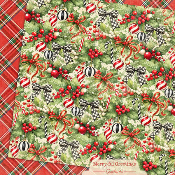 GRAPHIC 45 GRAPHIC 45 MERRY-FUL GREETINGS HOLLY & BOWS 12x12 CARDSTOCK