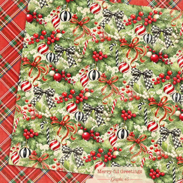 GRAPHIC 45 GRAPHIC 45 MERRY-FUL GREETINGS HOLLY & BOWS 12x12 CARDSTOCK
