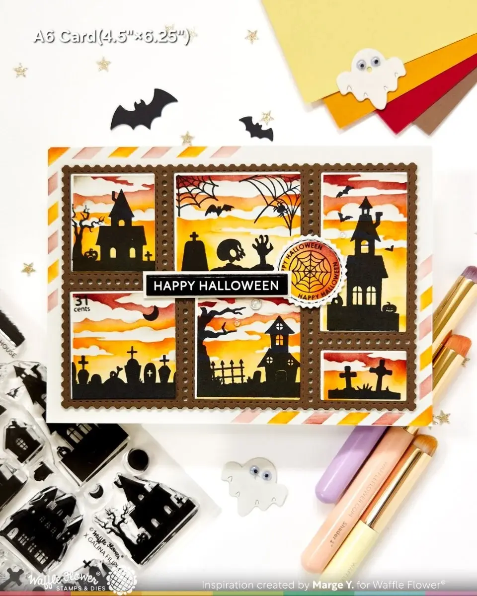 WAFFLE FLOWER WAFFLE FLOWER POSTAGE COLLAGE HAUNTED HOUSE SILHOUETTE CLEAR STAMP SET