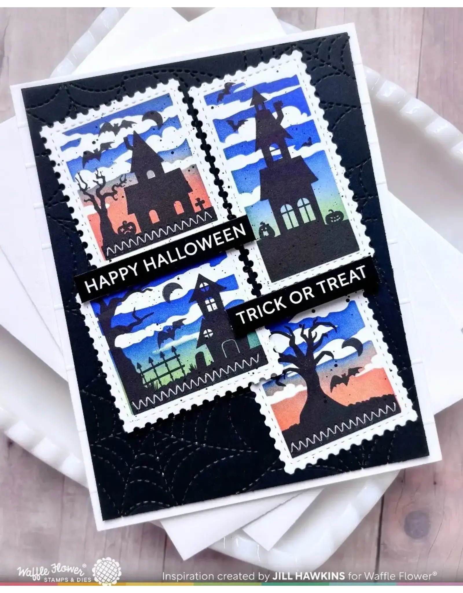 WAFFLE FLOWER WAFFLE FLOWER POSTAGE COLLAGE HAUNTED HOUSE SILHOUETTE CLEAR STAMP SET