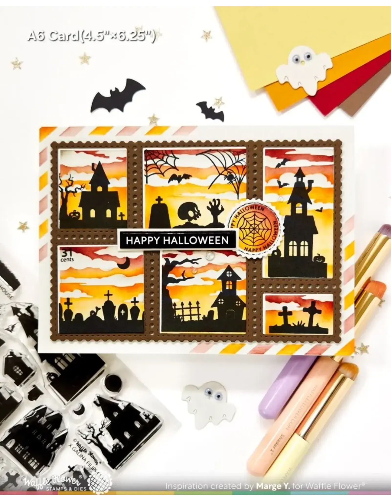 WAFFLE FLOWER WAFFLE FLOWER POSTAGE COLLAGE HAUNTED HOUSE SILHOUETTE CLEAR STAMP SET