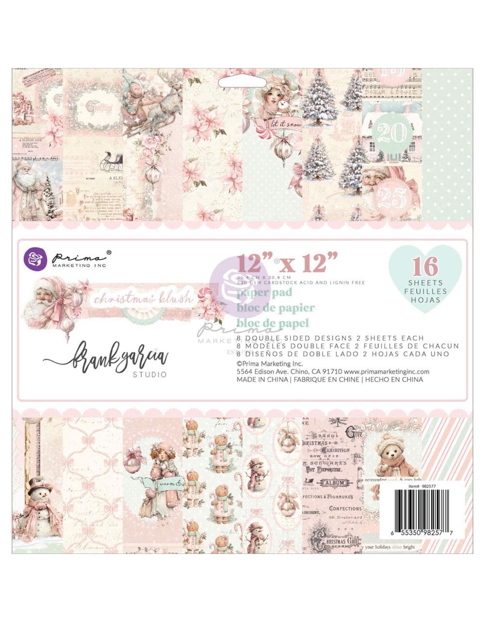 PRIMA PRIMA CHRISTMAS BLUSH 12x12 PAQUET DE PAPIER 16 FEUILLES