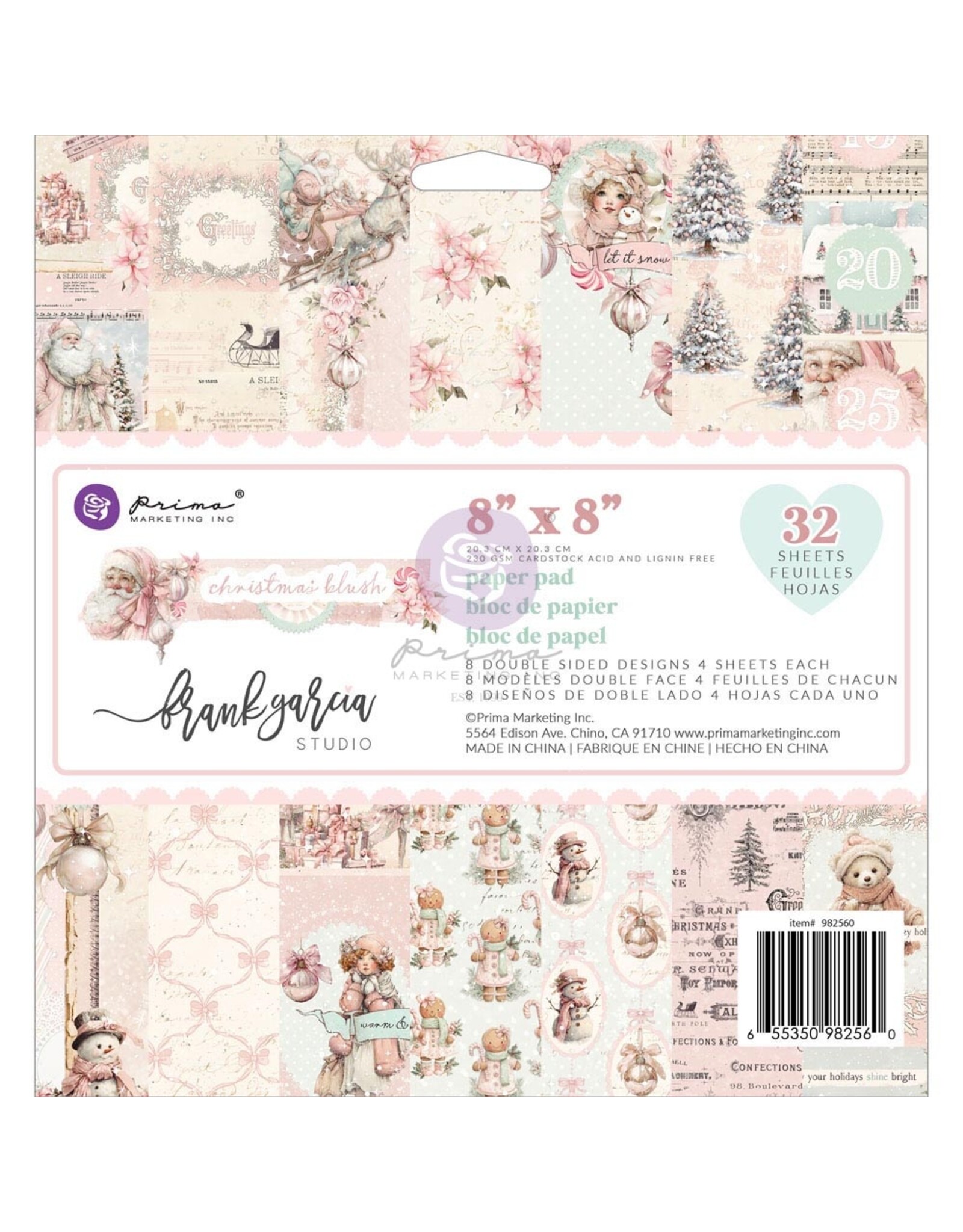 PRIMA PRIMA CHRISTMAS BLUSH 8x8 PAQUET DE PAPIER 32 FEUILLES