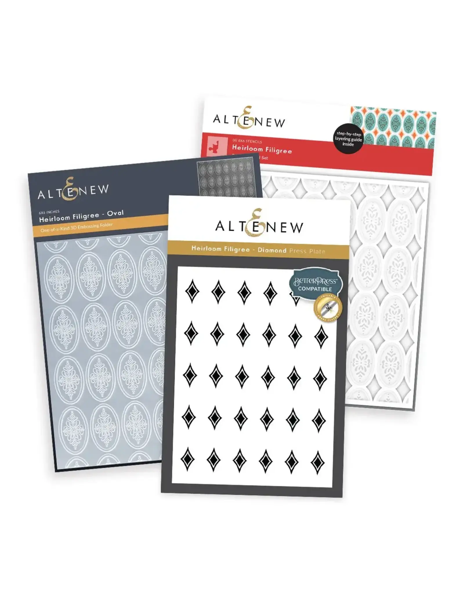 ALTENEW ALTENEW HEIRLOOM FILIGREE PRESS PLATE, STENCIL SET AND 3D EMBOSSING FOLDER BUNDLE