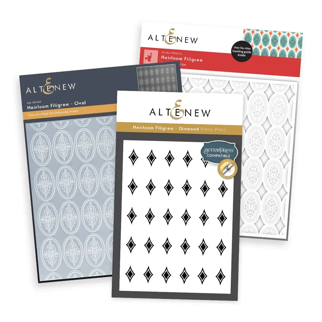 ALTENEW ALTENEW HEIRLOOM FILIGREE PRESS PLATE, STENCIL SET AND 3D EMBOSSING FOLDER BUNDLE