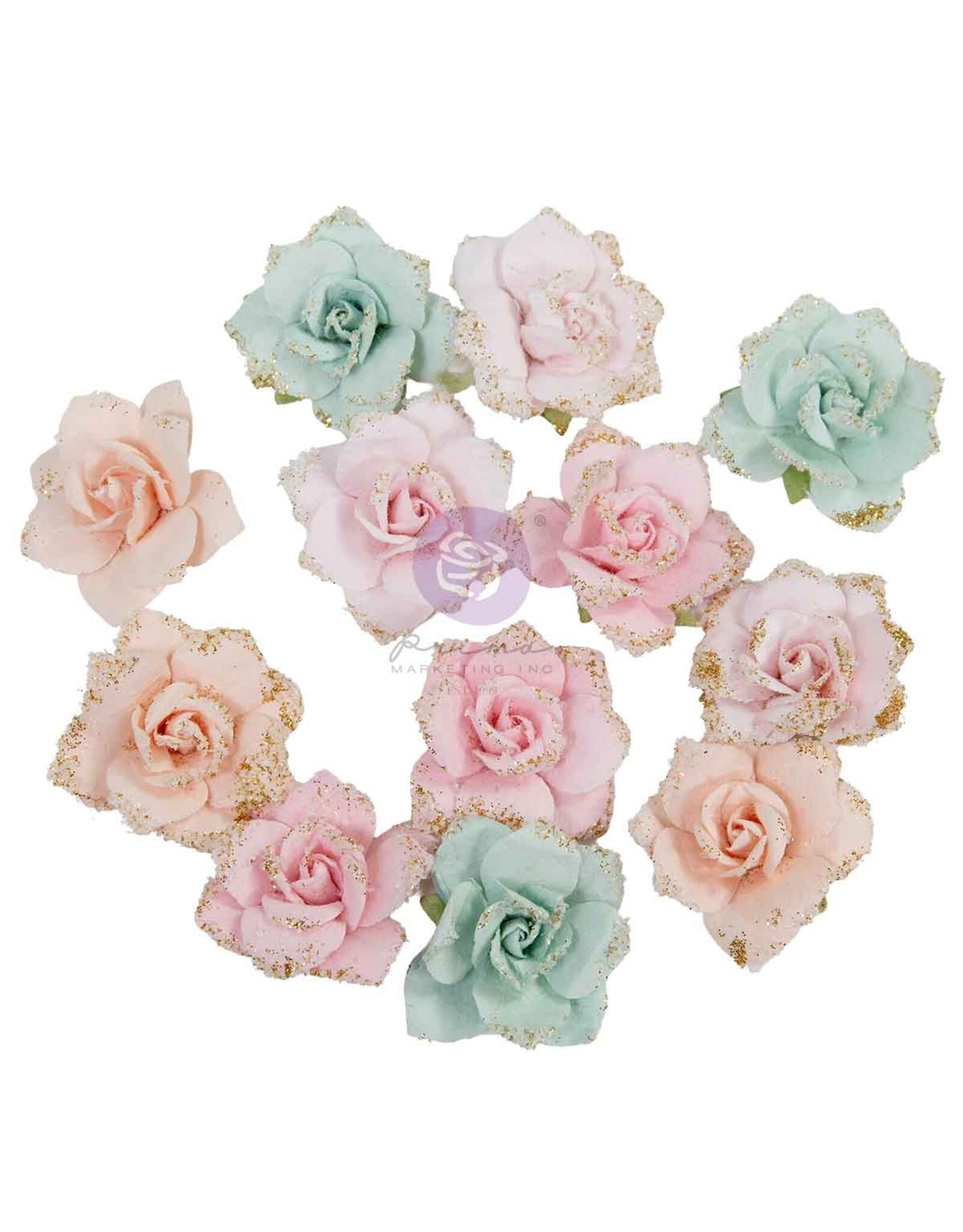 PRIMA PRIMA CHRISTMAS BLUSH SPARKLING HOLIDAY PAPER FLOWERS 12/PK