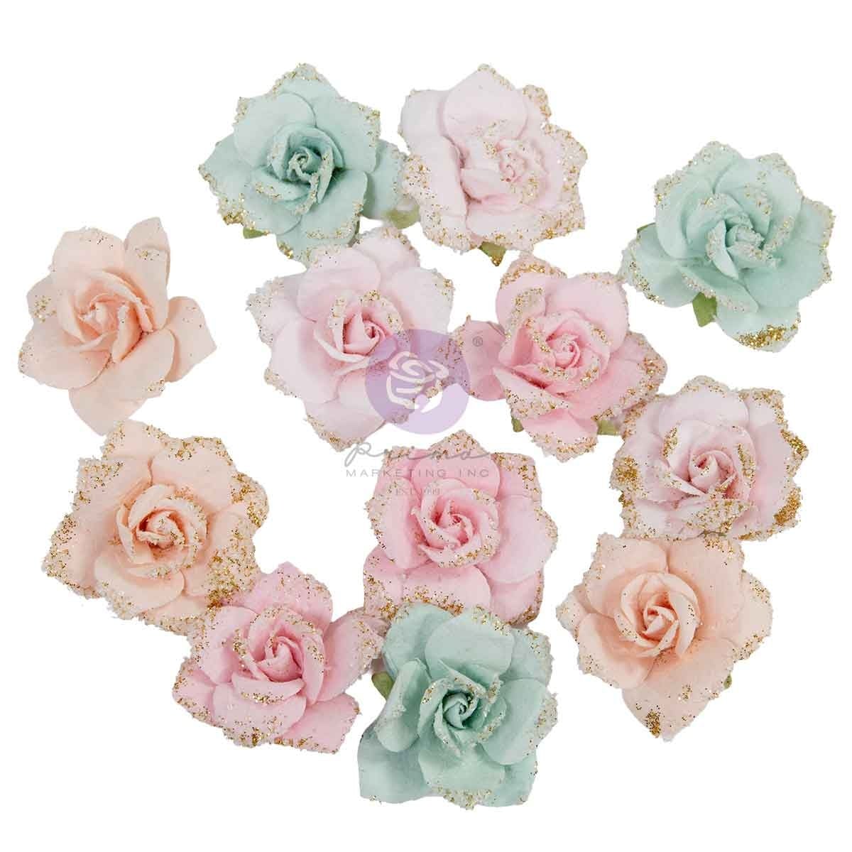 PRIMA PRIMA CHRISTMAS BLUSH SPARKLING HOLIDAY PAPER FLOWERS 12/PK
