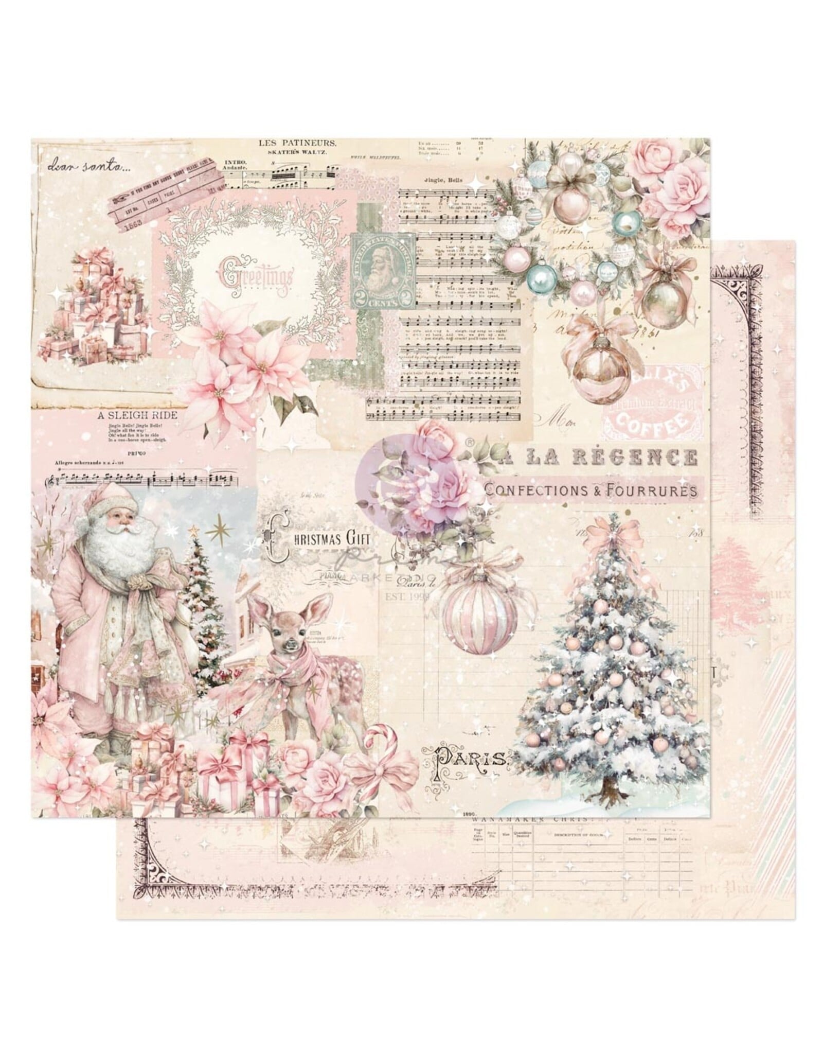 PRIMA PRIMA CHRISTMAS BLUSH DEAR SANTA 12x12 CARDSTOCK WITH FOIL DETAILS