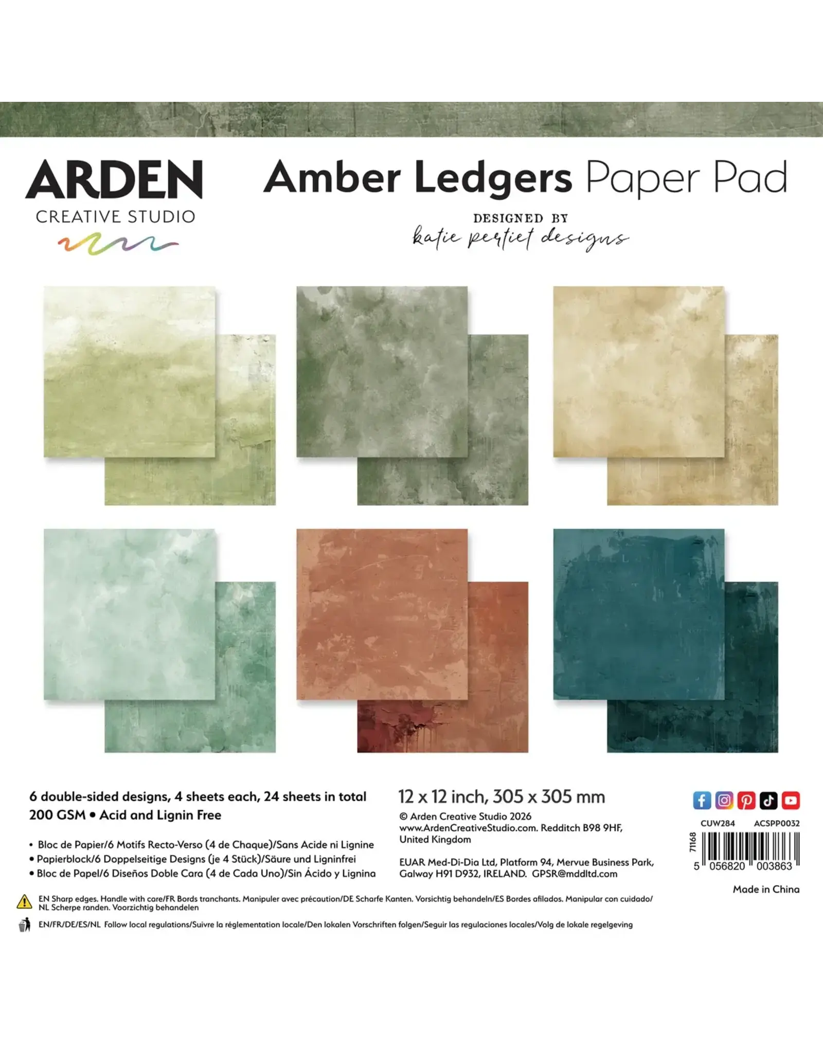 ARDEN CREATIVE STUDIO ARDEN CREATIVE STUDIO AMBER LEDGERS SOLIDES 12x12 PAQUET DE PAPIER 24 FEUILLES