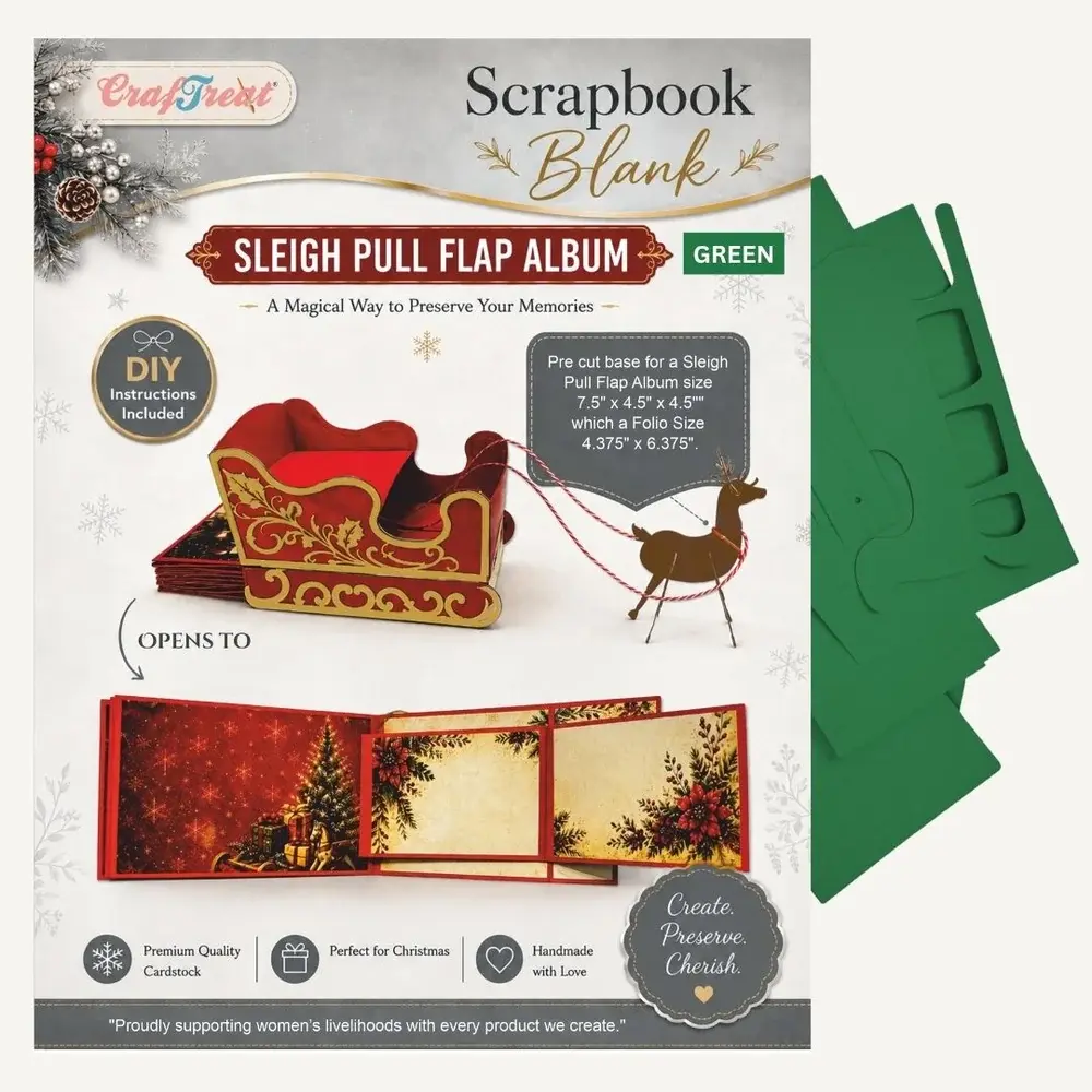 CRAFTREAT CRAFTREAT SCRAPBOOK SLEIGH PULL FLAP ALBUM GREEN