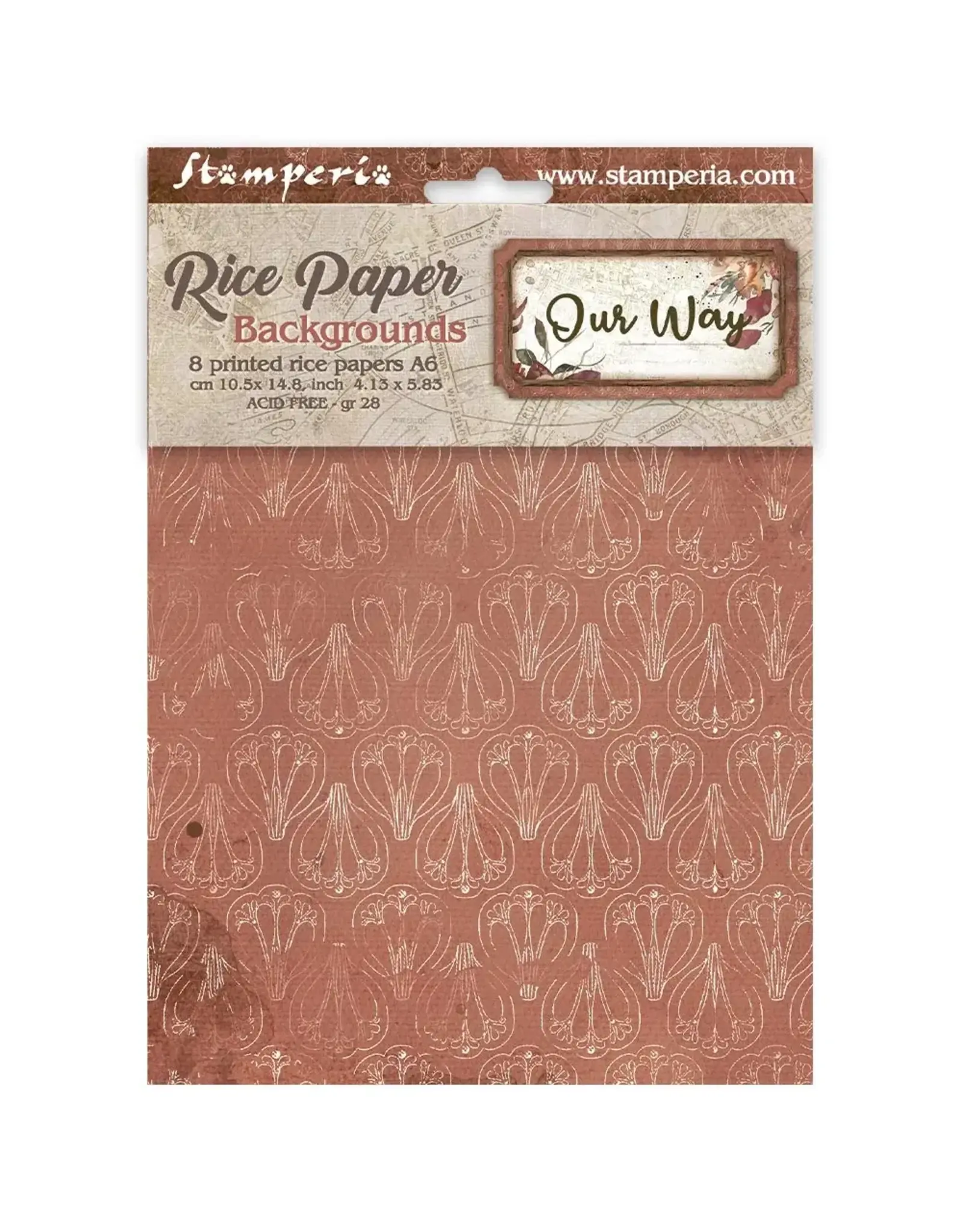 STAMPERIA STAMPERIA OUR WAY ASSORTED A6 RICE PAPER DECOUPAGE BACKGROUNDS 10.5X14.8CM 8/PK