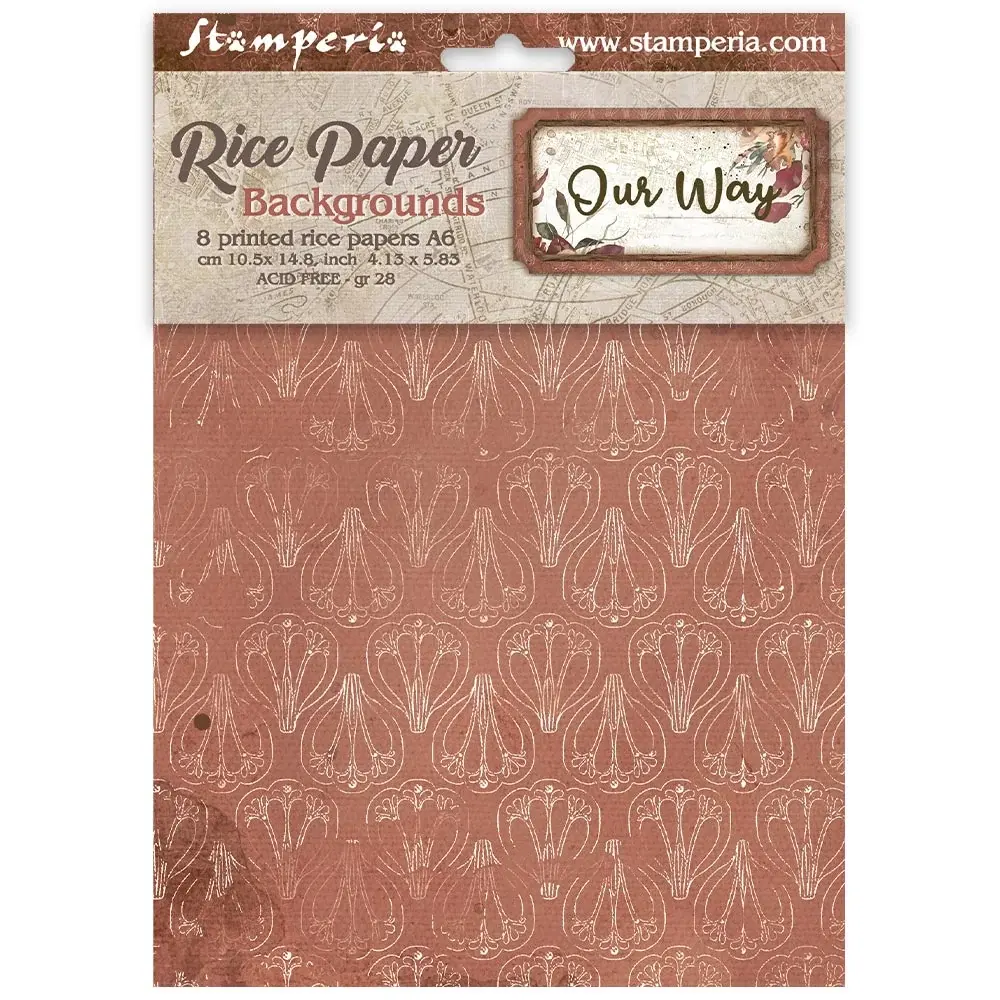 STAMPERIA STAMPERIA OUR WAY ASSORTED A6 RICE PAPER DECOUPAGE BACKGROUNDS 10.5X14.8CM 8/PK