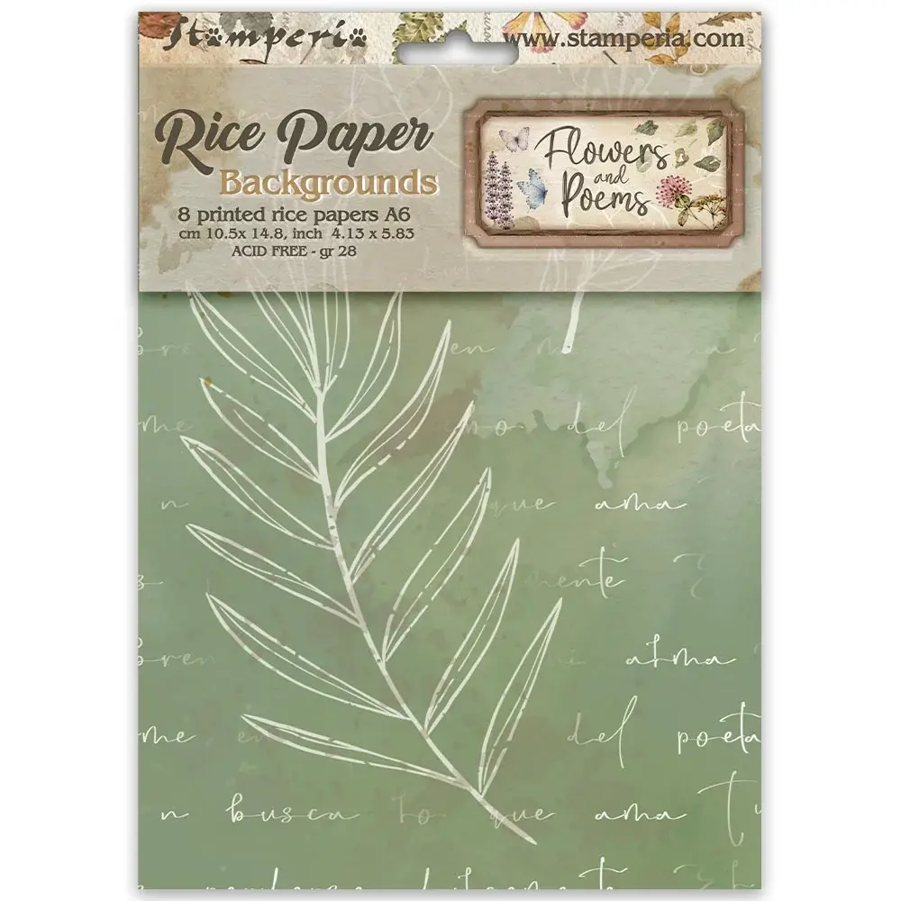 STAMPERIA STAMPERIA FLOWERS AND POEMS ASSORTED A6 RICE PAPER DECOUPAGE BACKGROUNDS 10.5X14.8CM 8/PK