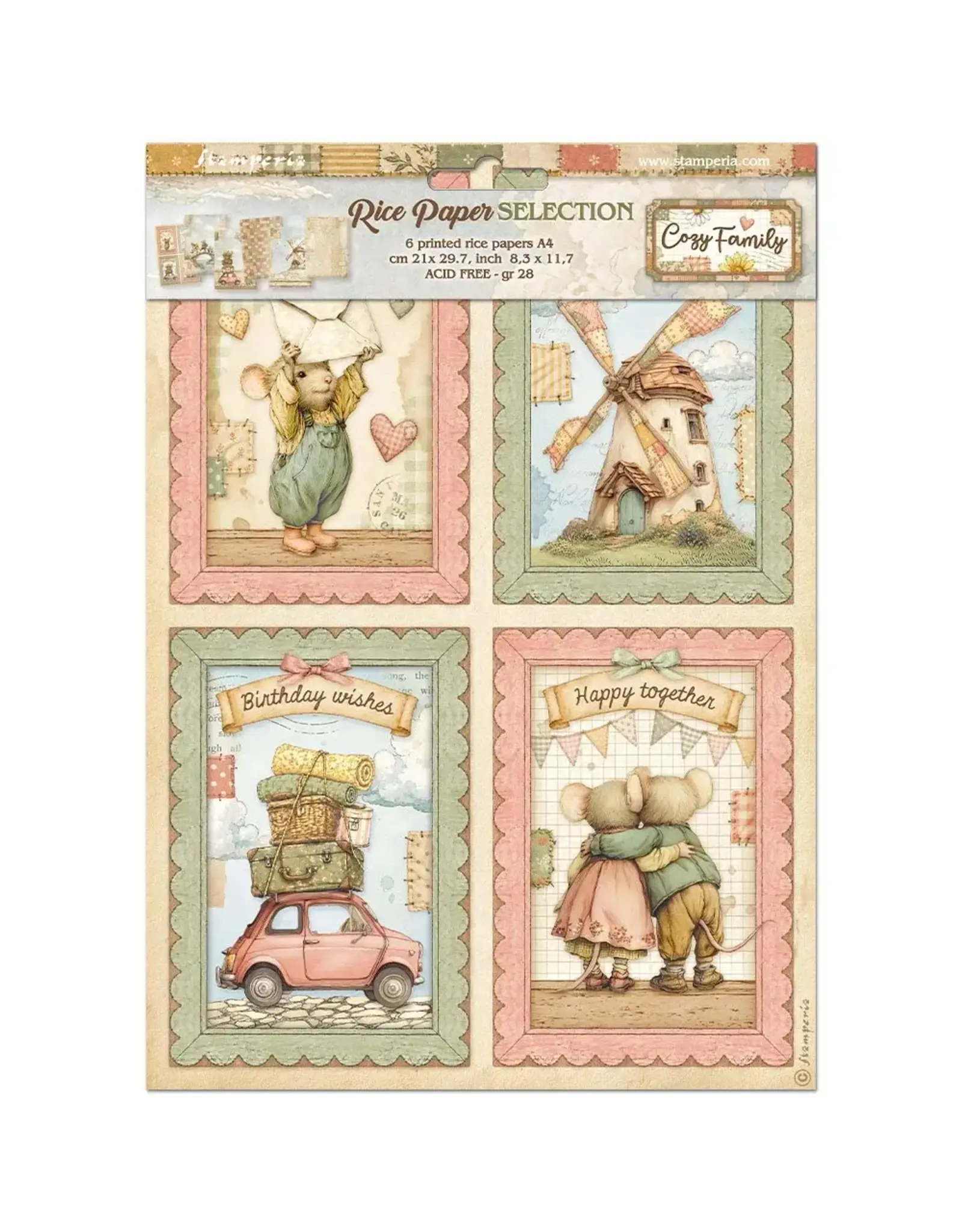 STAMPERIA STAMPERIA COZY FAMILY ASSORTED A4 RICE PAPER 6/PK