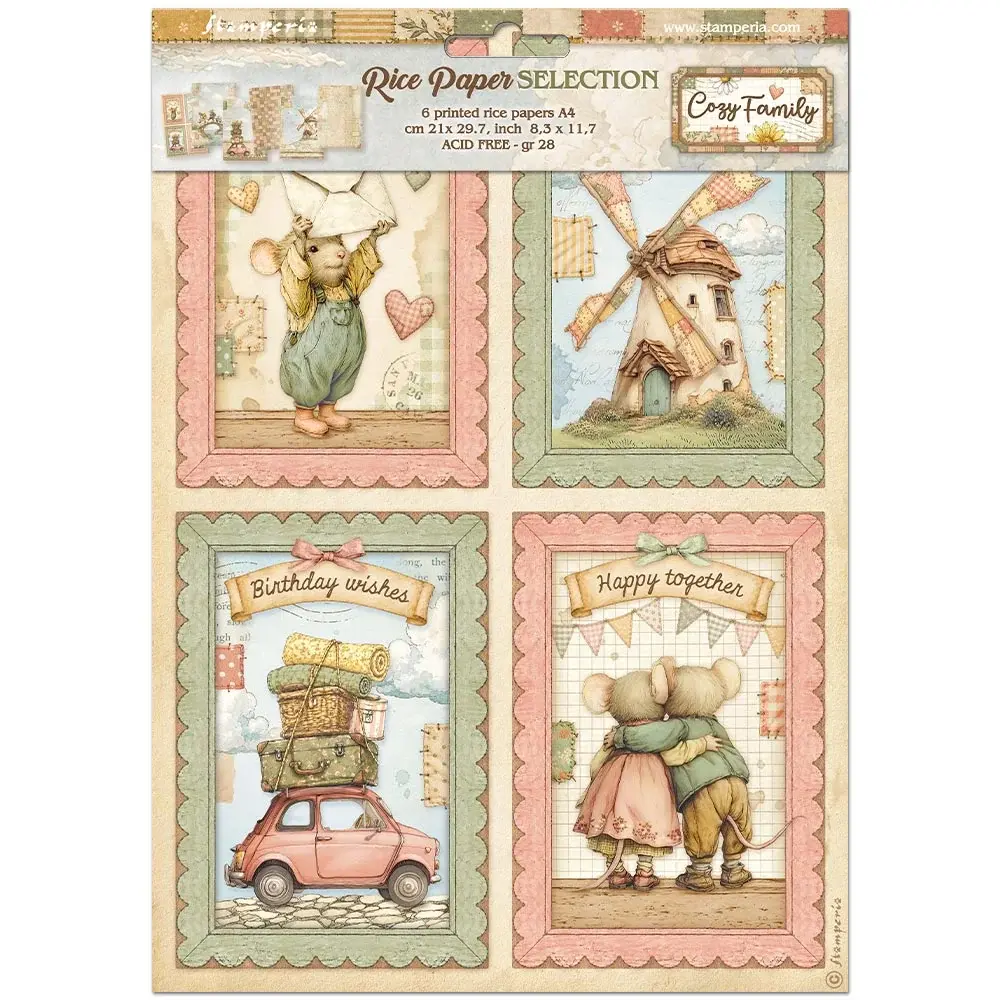 STAMPERIA STAMPERIA COZY FAMILY ASSORTED A4 RICE PAPER 6/PK