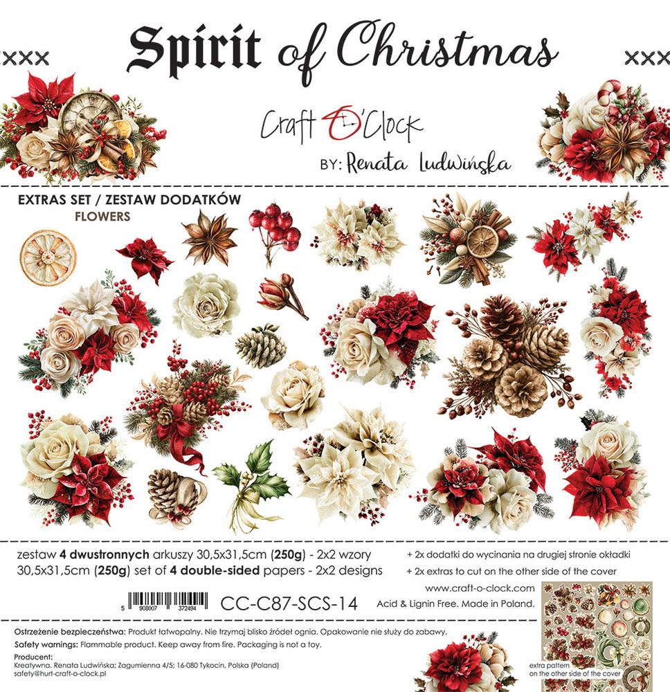 CRAFT O'CLOCK CRAFT O'CLOCK SPIRIT OF CHRISTMAS EXTRAS SET - FLOWERS 12x12 COLLECTION PACK 8 SHEETS