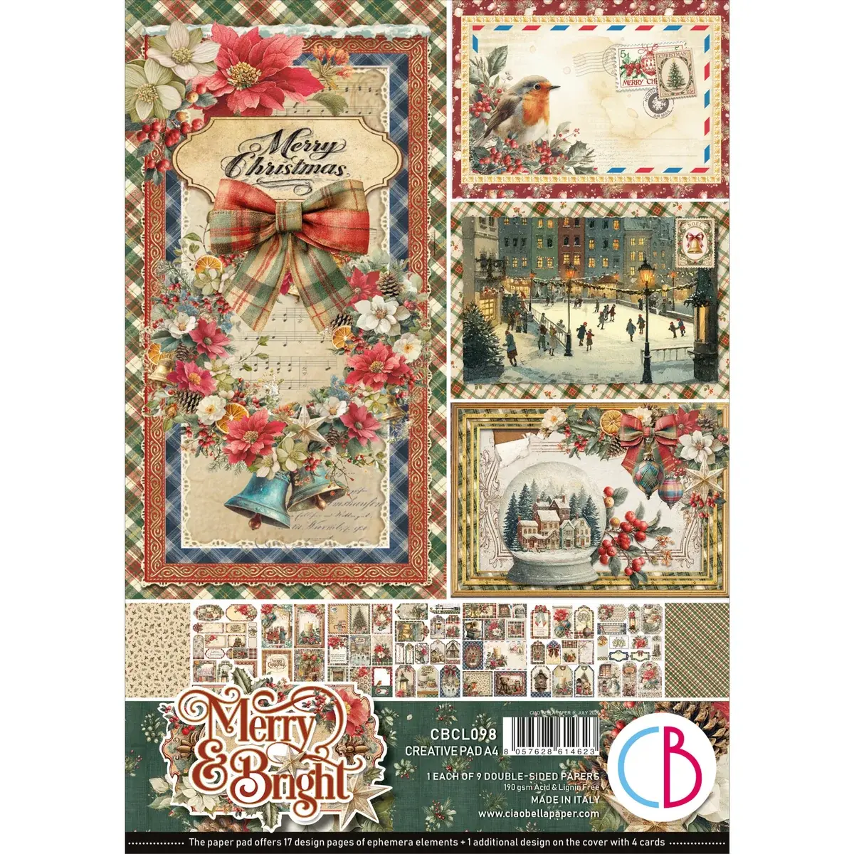 CIAO BELLA CIAO BELLA MERRY & BRIGHT A4 CREATIVE PAD 9 SHEETS