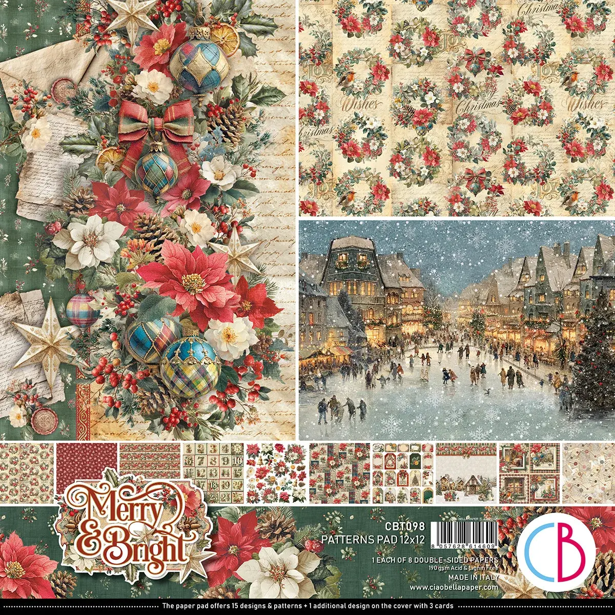 CIAO BELLA CIAO BELLA MERRY & BRIGHT 12x12 PATTERNS PAD 8 SHEETS