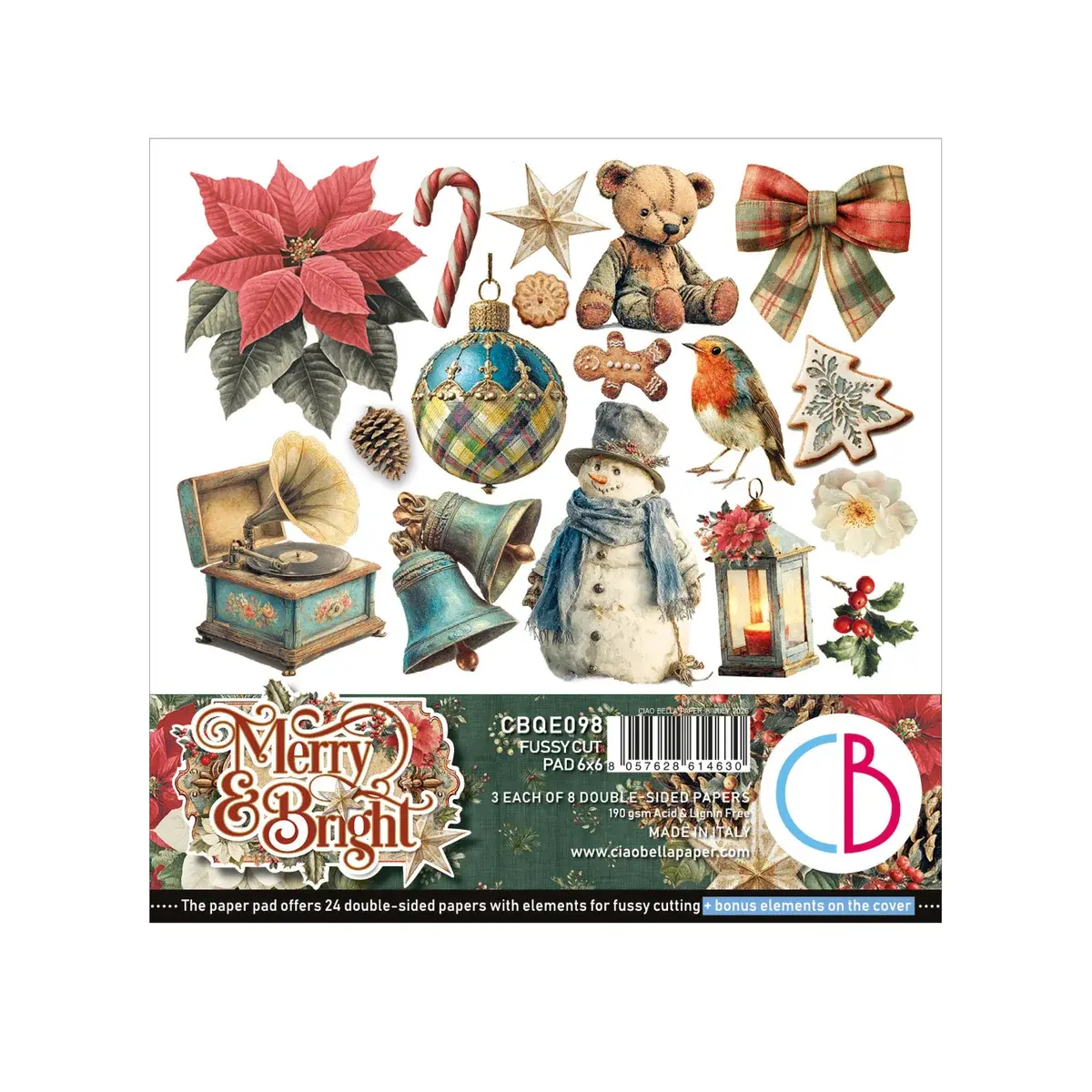 CIAO BELLA CIAO BELLA MERRY & BRIGHT 6x6 FUSSY CUT PAPER PAD 24 SHEETS