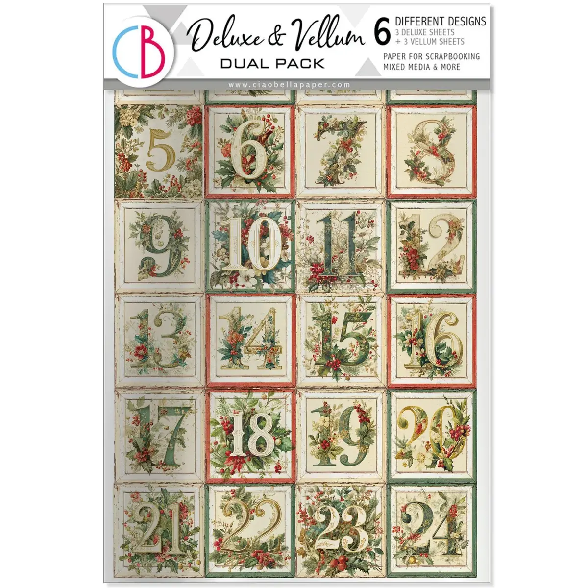 CIAO BELLA CIAO BELLA MERRY & BRIGHT A4 DELUXE SILVER & VELLUM MIXED PAPER PACK 6 SHEETS