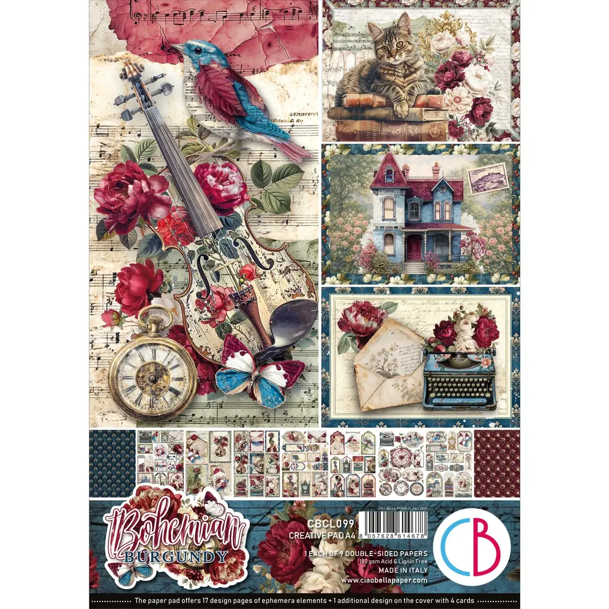 CIAO BELLA CIAO BELLA BOHEMIAN BURGUNDY A4 CREATIVE PAD 9 SHEETS
