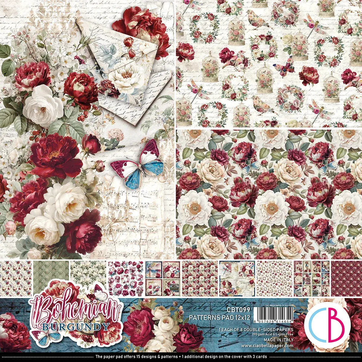 CIAO BELLA CIAO BELLA BOHEMIAN BURGUNDY 12x12 PATTERNS PAD 8 SHEETS