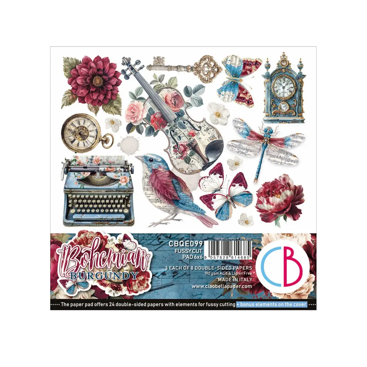 CIAO BELLA CIAO BELLA BOHEMIAN BURGUNDY 6x6 FUSSY CUT PAPER PAD 24 SHEETS